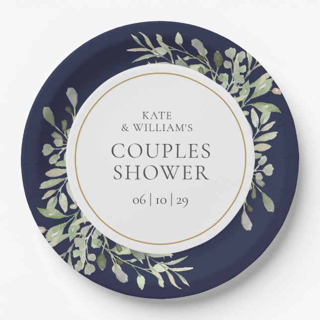 Elegant Navy Blue Gold Burgundy Couples Shower Paper Plates (Front)