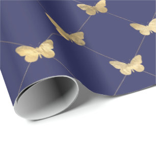 Elegant Navy Blue Gold Butterfly Pattern Wrapping Paper