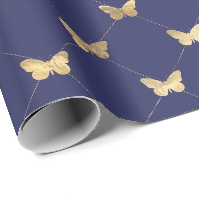Elegant Navy Blue Gold Butterfly Pattern Wrapping Paper (Roll Corner)