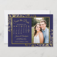 Elegant Navy Blue & Gold Calendar & Photo Wedding