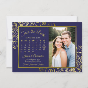 Elegant Navy Blue & Gold Calendar & Photo Wedding Save The Date