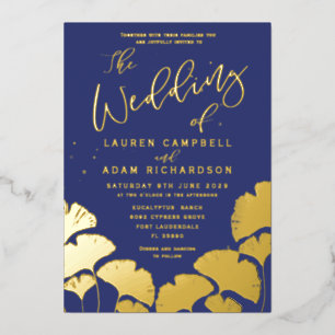 Elegant Navy Blue Gold Calligraphy Wedding Foil Invitation