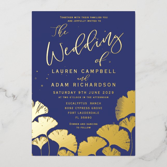 Elegant Navy Blue Gold Calligraphy Wedding Foil Invitation (Front)