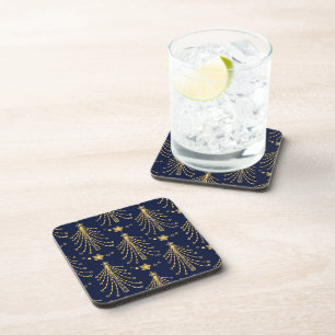 Elegant Navy Blue Gold Christmas Tree Star Pattern Beverage Coaster