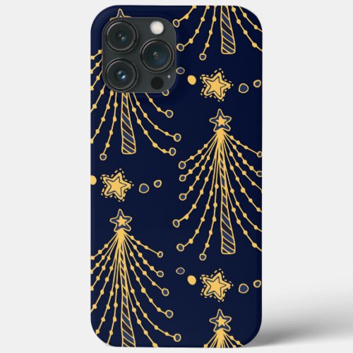 Elegant Navy Blue Gold Christmas Tree Star Pattern iPhone 13 Pro Max Case