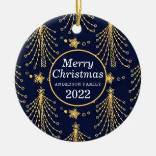Elegant Navy Blue Gold Christmas Tree Star Pattern Ceramic Ornament