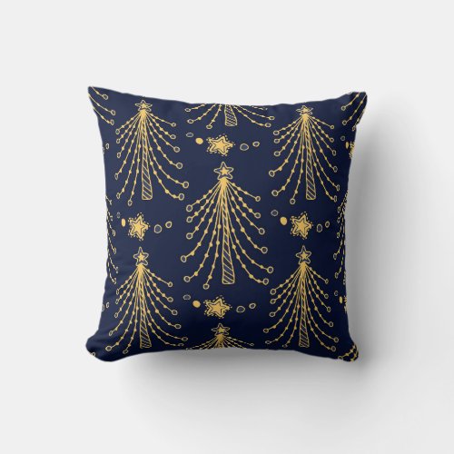 Elegant Navy Blue Gold Christmas Tree Star Pattern Throw Pillow