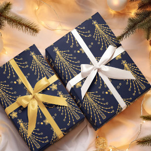 Elegant Navy Blue Gold Christmas Tree Star Pattern Wrapping Paper