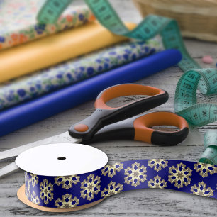 Elegant Navy Blue & Gold Classy Chic Floral Print Satin Ribbon