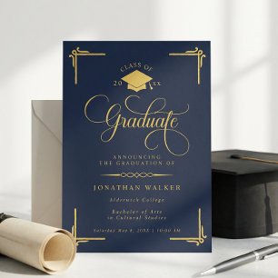 Elegant Navy Blue Gold College Graduation Announcement