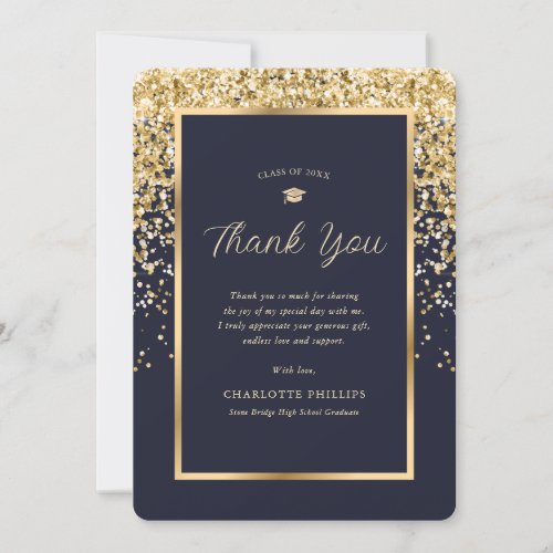 Elegant Navy Blue Gold Confetti Photo Graduation Thank You Card