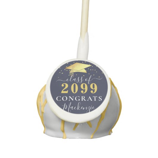 Elegant Navy Blue Gold Confetti Script Graduation Cake Pops (Front)