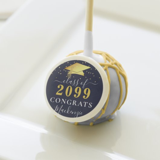 Elegant Navy Blue Gold Confetti Script Graduation Cake Pops (Front Insitu)