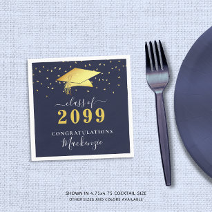 Elegant Navy Blue Gold Confetti Script Graduation Napkins