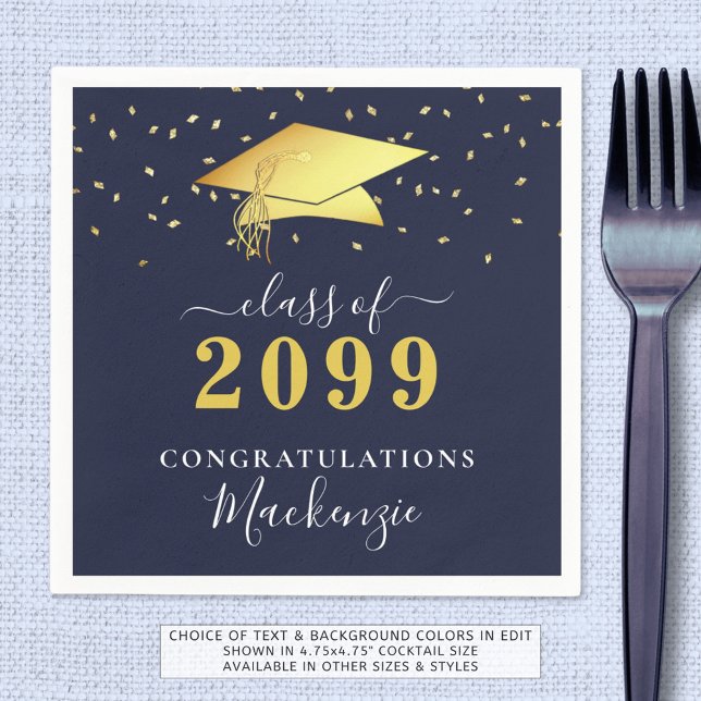 Elegant Navy Blue Gold Confetti Script Graduation Napkins (Creator Uploaded)