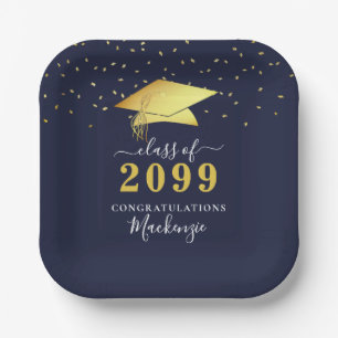 Elegant Navy Blue Gold Confetti Script Graduation Paper Plates