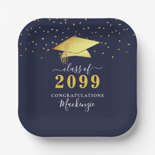 Elegant Navy Blue Gold Confetti Script Graduation Paper Plates