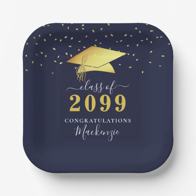 Elegant Navy Blue Gold Confetti Script Graduation Paper Plates (Front)