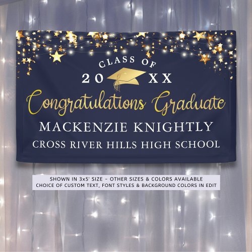 Elegant Navy Blue Gold Congrats Grad Script Stars Banner