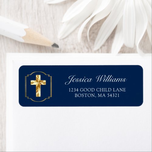 Elegant Navy Blue Gold Cross 1st Communion Address Label