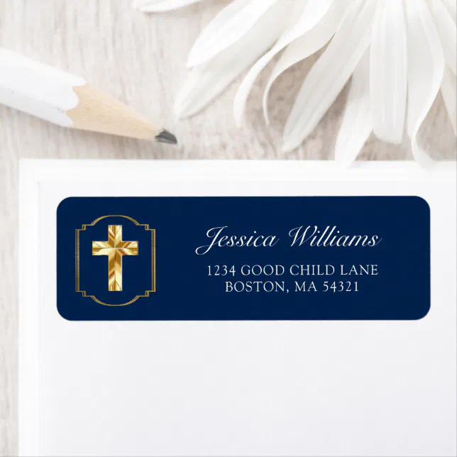 Elegant Navy Blue Gold Cross 1st Communion Address Label | Zazzle