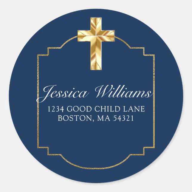 Elegant Navy Blue Gold Cross 1st Communion Classic Round Sticker | Zazzle