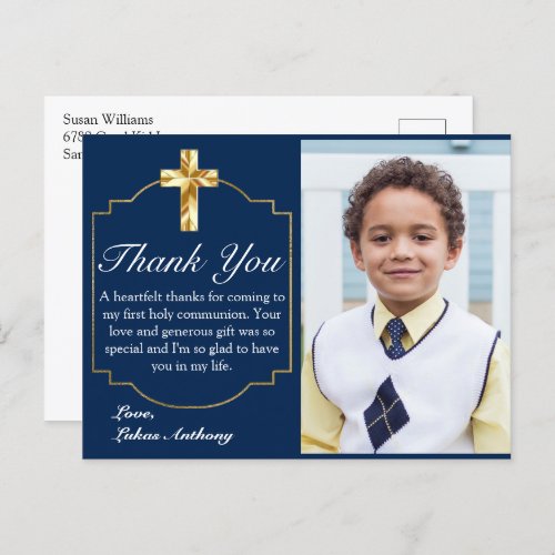 Elegant Navy Blue Gold Cross 1st Communion Thank Y Postcard