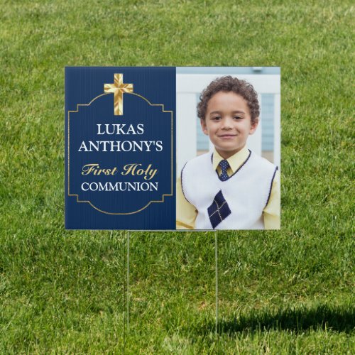 Elegant Navy Blue Gold Cross 1st Communion Yard Sign