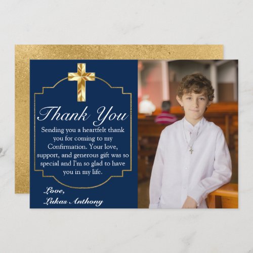 Elegant Navy Blue Gold Cross Confirmation Thank You Card