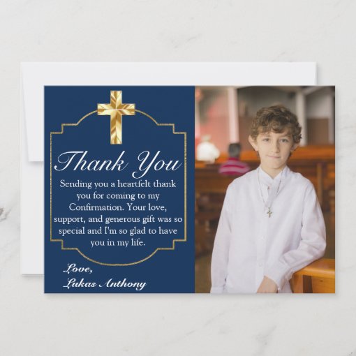 Elegant Navy Blue Gold Cross Confirmation Thank You Card | Zazzle