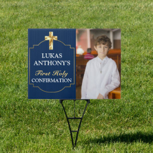 Elegant Navy Blue Gold Cross Confirmation Yard Sign
