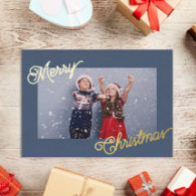    Elegant Navy Blue & Gold Custom Photo Christmas