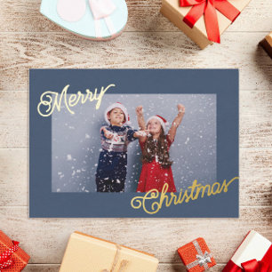Elegant Navy Blue & Gold Custom Photo Christmas Foil Holiday Card