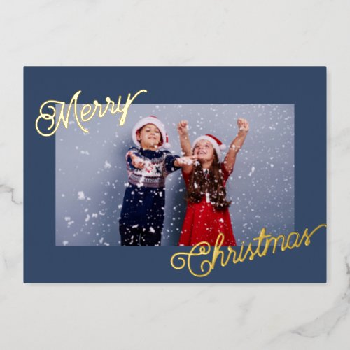    Elegant Navy Blue  Gold Custom Photo Christmas Foil Holiday Card
