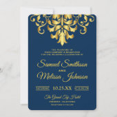 Elegant Navy Blue Gold Damask Wedding Invitation (Front)