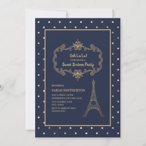 Elegant Navy Blue Gold Eiffel Tower Sweet 16 Invitation