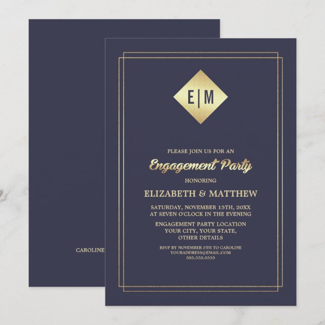 Elegant Navy Blue | Gold Engagement Party  Invitation (Front/Back)