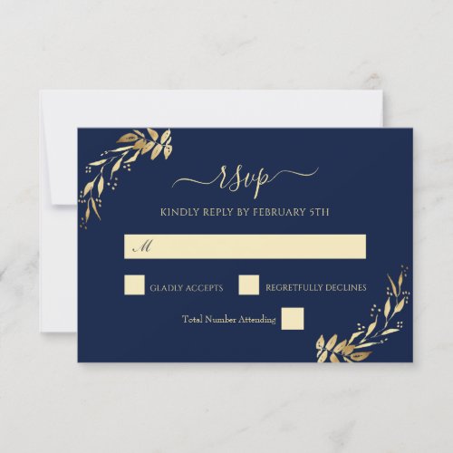 Elegant Navy Blue Gold Eucalyptus Foliage Wedding RSVP Card