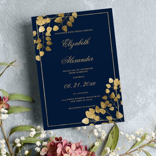 Elegant navy blue gold eucalyptus leaf wedding  invitation