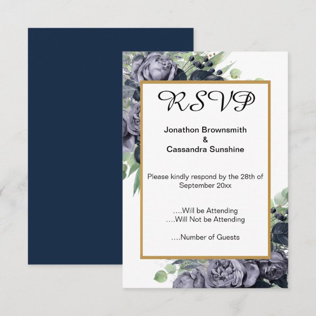 ELEGANT NAVY  BLUE GOLD EUCALYPTUS ROSE  RSVP INVITATION (Front/Back)