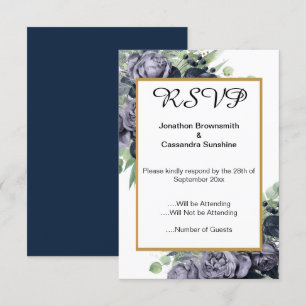 ELEGANT NAVY  BLUE GOLD EUCALYPTUS ROSE  RSVP INVITATION