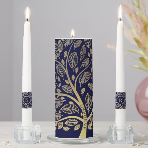 Elegant Navy Blue gold Family Tree Leaf Pattern Unity Candle Set