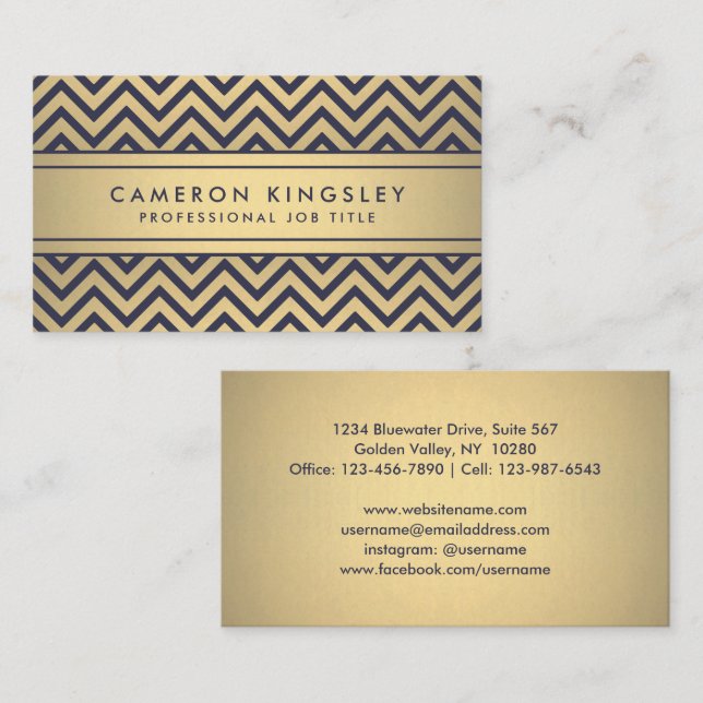 Elegant Navy Blue & Gold Faux Foil Chevron Pattern Business Card (Front/Back)
