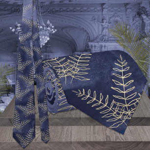 Elegant Navy Blue & Gold Fern Leaf Wedding Neck Tie