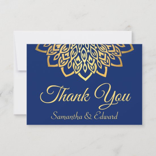 Elegant Navy Blue Gold Flat Wedding Thank You Card