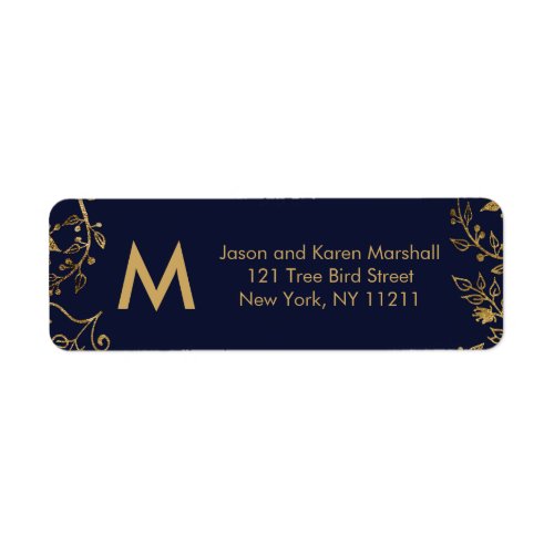Elegant Navy Blue Gold Floral Address Label