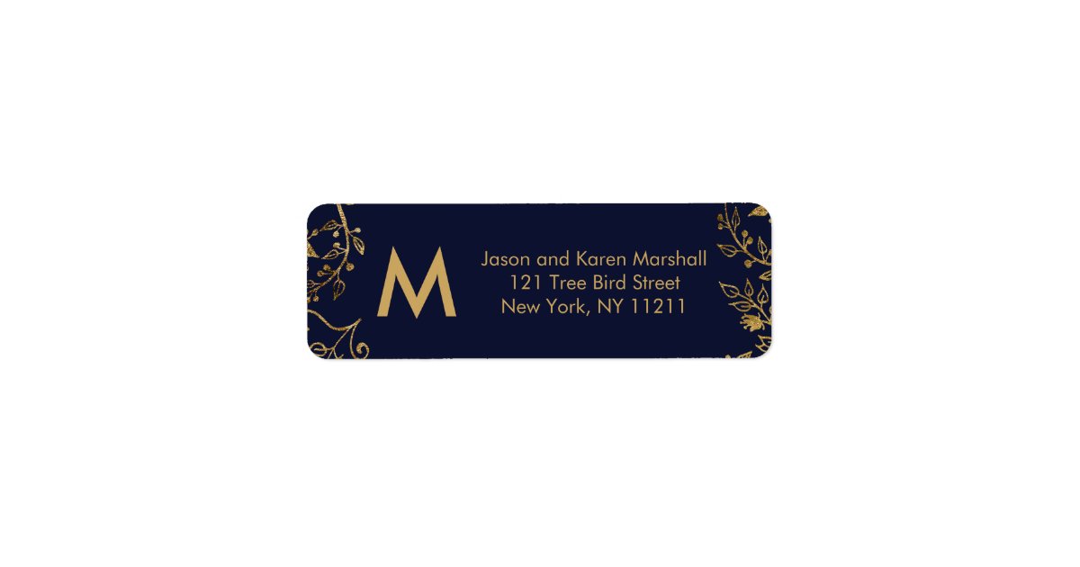 Elegant Navy Blue Gold Floral Address Label | Zazzle