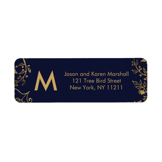 Elegant Navy Blue Gold Floral Address Label (Front)