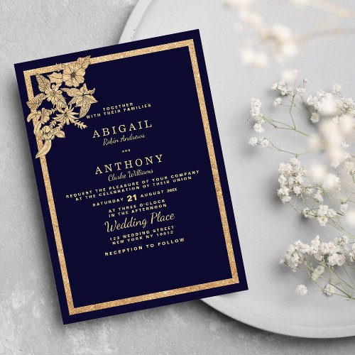 Elegant Navy Blue Gold Floral Border Illustration Invitation