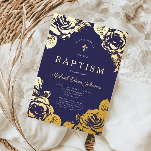 Elegant Navy Blue Gold Floral Boy Baptism  Foil Invitation